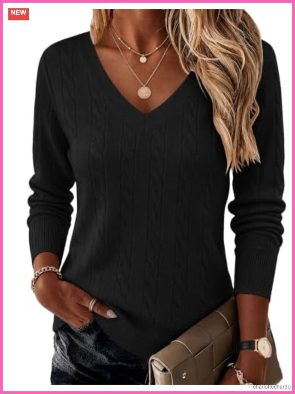 Ekouaer Women's Cable Knit V-Neck Sweater Long Sleeve Fall Top